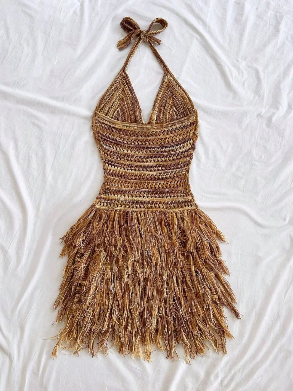 Multicolor Boho Women's V-Neck Halter Mini Dress - Picture 2 of 7